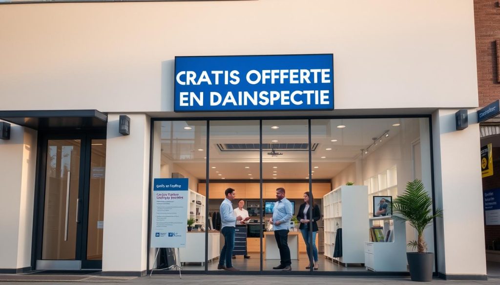 A bright, modern storefront with a prominent "GRATIS OFFERTE EN DAKINSPECTIE" sign displayed prominently. The interior is well-lit, showcasing a professional team of roofing experts discussing options with a client. The scene exudes a sense of expertise, transparency, and customer-centric service. The building exterior features sleek, contemporary architecture with clean lines and a minimalist aesthetic. Soft, natural lighting filters in, creating a warm and inviting atmosphere. The overall impression is one of a trustworthy, reliable roofing company dedicated to providing exceptional service and value to their community. A bright, modern storefront with a prominent "GRATIS OFFERTE EN DAKINSPECTIE" sign displayed prominently. The interior is well-lit, showcasing a professional team of roofing experts discussing options with a client. The scene exudes a sense of expertise, transparency, and customer-centric service. The building exterior features sleek, contemporary architecture with clean lines and a minimalist aesthetic. Soft, natural lighting filters in, creating a warm and inviting atmosphere. The overall impression is one of a trustworthy, reliable roofing company dedicated to providing exceptional service and value to their community.