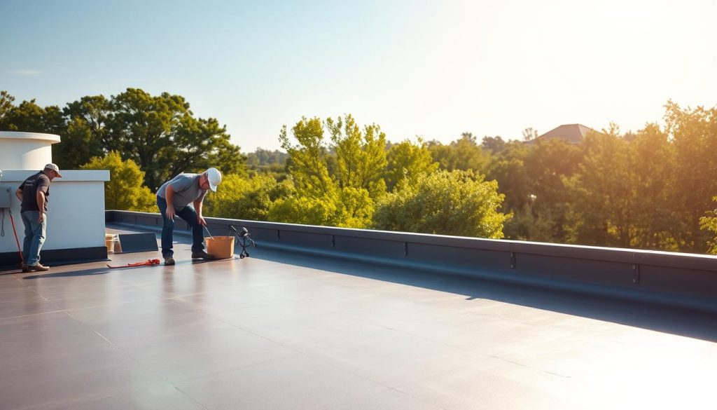 A bright, sun-lit rooftop scene showcasing the inspection process of an EPDM roofing system. In the foreground, a team of professional roofers meticulously examines the roof, using specialized tools and equipment to assess its condition. The middle ground features the sleek, seamless EPDM membrane, appearing pristine and well-maintained. In the background, a verdant landscape with lush trees and a clear blue sky creates a serene, tranquil atmosphere. The lighting is natural and diffused, casting warm, golden tones across the scene. The overall composition conveys a sense of diligence, expertise, and the value of a thorough, complimentary roof inspection. A bright, sun-lit rooftop scene showcasing the inspection process of an EPDM roofing system. In the foreground, a team of professional roofers meticulously examines the roof, using specialized tools and equipment to assess its condition. The middle ground features the sleek, seamless EPDM membrane, appearing pristine and well-maintained. In the background, a verdant landscape with lush trees and a clear blue sky creates a serene, tranquil atmosphere. The lighting is natural and diffused, casting warm, golden tones across the scene. The overall composition conveys a sense of diligence, expertise, and the value of a thorough, complimentary roof inspection.