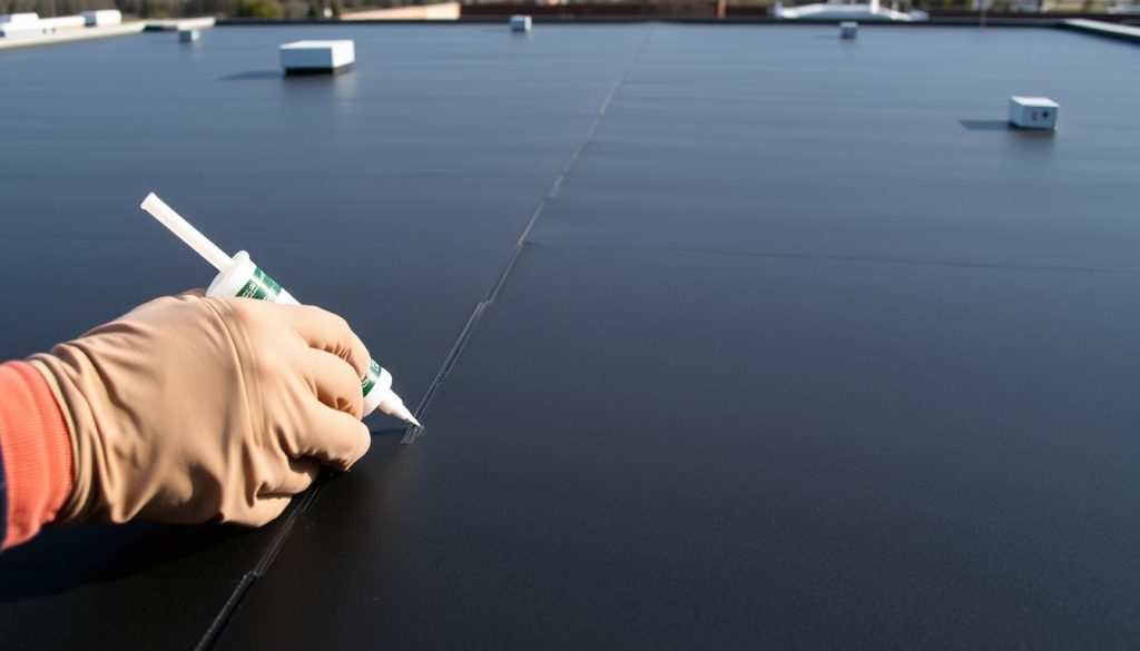 A close-up shot of an EPDM roof membrane undergoing routine maintenance. The surface is clean and smooth, with a matte black finish. In the foreground, a worker's gloved hand carefully applies a specialized sealant along the seams and joints, ensuring a watertight seal. The middle ground shows the expansive EPDM roof, stretching out to the horizon, with a few scattered rooftop vents and equipment visible. The background is softly blurred, hinting at the surrounding architecture. The lighting is natural, creating subtle shadows and highlights that accentuate the texture of the membrane. The overall mood is one of diligence and attention to detail, reflecting the importance of proper EPDM roof maintenance. A close-up shot of an EPDM roof membrane undergoing routine maintenance. The surface is clean and smooth, with a matte black finish. In the foreground, a worker's gloved hand carefully applies a specialized sealant along the seams and joints, ensuring a watertight seal. The middle ground shows the expansive EPDM roof, stretching out to the horizon, with a few scattered rooftop vents and equipment visible. The background is softly blurred, hinting at the surrounding architecture. The lighting is natural, creating subtle shadows and highlights that accentuate the texture of the membrane. The overall mood is one of diligence and attention to detail, reflecting the importance of proper EPDM roof maintenance.