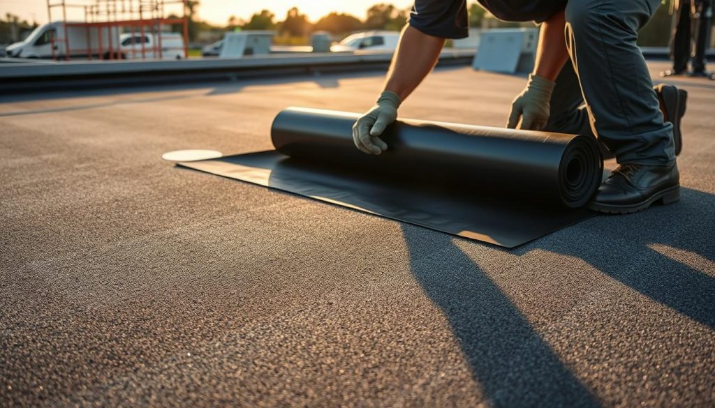 A commercial flat roof installation process. Closeup view of a worker carefully unrolling and smoothing out large EPDM rubber roofing membrane on a rooftop, securing it with adhesive. Warm afternoon light casts shadows across the material's textured surface. In the background, scaffolding and other roofing equipment are visible, hinting at the larger scale of the project. The scene conveys a sense of meticulous, hands-on craftsmanship required for proper EPDM roof installation. A commercial flat roof installation process. Closeup view of a worker carefully unrolling and smoothing out large EPDM rubber roofing membrane on a rooftop, securing it with adhesive. Warm afternoon light casts shadows across the material's textured surface. In the background, scaffolding and other roofing equipment are visible, hinting at the larger scale of the project. The scene conveys a sense of meticulous, hands-on craftsmanship required for proper EPDM roof installation.