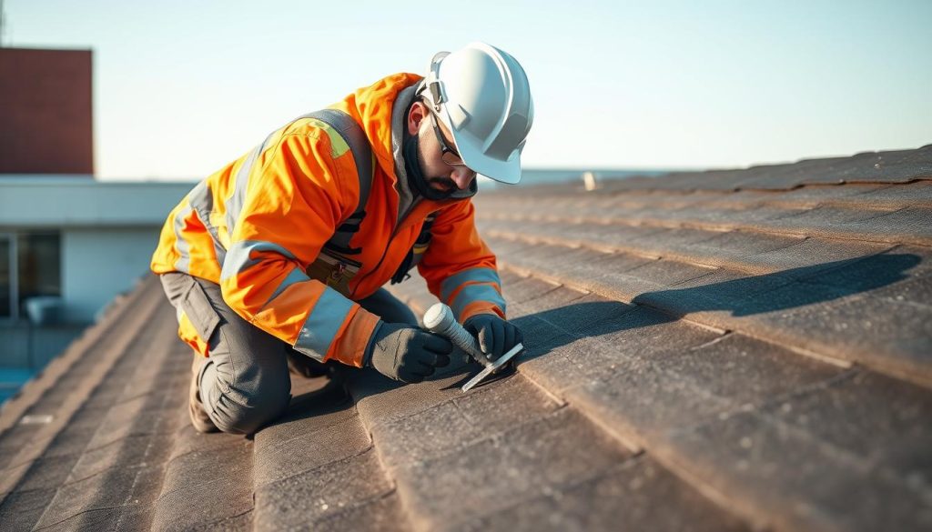 A commercial roofing contractor carefully inspecting an EPDM (Ethylene Propylene Diene Monomer) roof membrane. The contractor is examining the surface, checking for signs of weathering, cracks, or other damage. The image showcases the contractor using a specialized tool to probe the roof, ensuring the EPDM material is in good condition and providing an accurate assessment for necessary maintenance or repairs. The scene is bathed in warm, natural lighting, highlighting the texture and details of the EPDM roof. The background features the building's exterior, suggesting the context of an ongoing roof inspection or routine maintenance procedure. A commercial roofing contractor carefully inspecting an EPDM (Ethylene Propylene Diene Monomer) roof membrane. The contractor is examining the surface, checking for signs of weathering, cracks, or other damage. The image showcases the contractor using a specialized tool to probe the roof, ensuring the EPDM material is in good condition and providing an accurate assessment for necessary maintenance or repairs. The scene is bathed in warm, natural lighting, highlighting the texture and details of the EPDM roof. The background features the building's exterior, suggesting the context of an ongoing roof inspection or routine maintenance procedure.