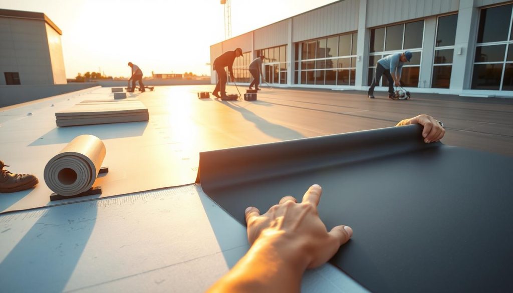 A construction site with workers carefully installing a seamless EPDM roofing membrane on a flat commercial building. The foreground shows skilled hands rolling and pressing the flexible, weatherproof material onto the roof surface, ensuring a tight, wrinkle-free application. In the middle ground, other workers measure, cut, and prepare the roofing panels for installation. The background reveals the building's architecture, with clean lines and a minimalist aesthetic. Warm, directional sunlight illuminates the scene, casting gentle shadows and highlighting the textures of the materials. An atmosphere of precision, professionalism, and attention to detail pervades the image, reflecting the importance of proper EPDM roof installation. A construction site with workers carefully installing a seamless EPDM roofing membrane on a flat commercial building. The foreground shows skilled hands rolling and pressing the flexible, weatherproof material onto the roof surface, ensuring a tight, wrinkle-free application. In the middle ground, other workers measure, cut, and prepare the roofing panels for installation. The background reveals the building's architecture, with clean lines and a minimalist aesthetic. Warm, directional sunlight illuminates the scene, casting gentle shadows and highlighting the textures of the materials. An atmosphere of precision, professionalism, and attention to detail pervades the image, reflecting the importance of proper EPDM roof installation.