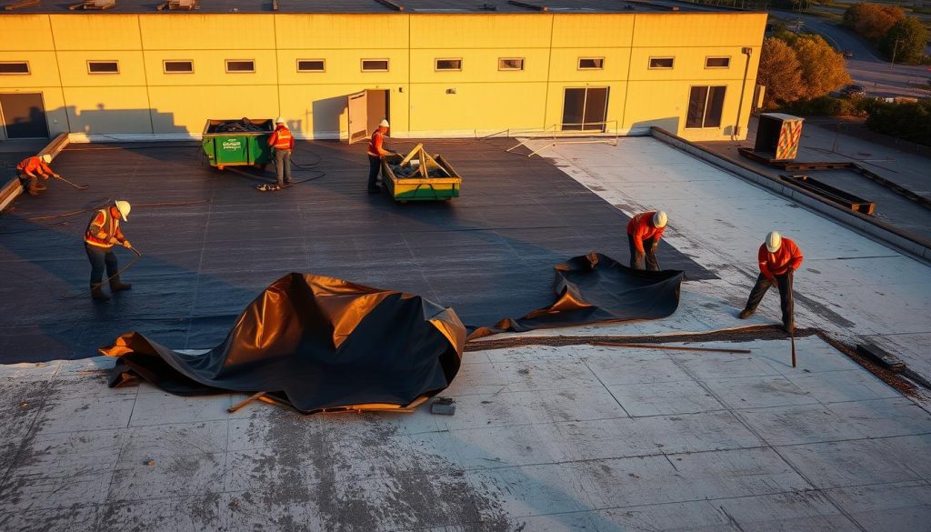 A construction site with workers carefully removing the old EPDM roofing material from a flat commercial building. The scene is illuminated by warm, directional lighting, casting dramatic shadows across the roof. In the foreground, workers use specialized tools to peel back the weathered membrane, exposing the underlying structure. In the middle ground, additional workers transport the waste material to a nearby dumpster. The background features the façade of the building, showcasing its simple, utilitarian design. The overall atmosphere conveys the methodical, step-by-step process of renovating an EPDM flat roof. A construction site with workers carefully removing the old EPDM roofing material from a flat commercial building. The scene is illuminated by warm, directional lighting, casting dramatic shadows across the roof. In the foreground, workers use specialized tools to peel back the weathered membrane, exposing the underlying structure. In the middle ground, additional workers transport the waste material to a nearby dumpster. The background features the façade of the building, showcasing its simple, utilitarian design. The overall atmosphere conveys the methodical, step-by-step process of renovating an EPDM flat roof.
