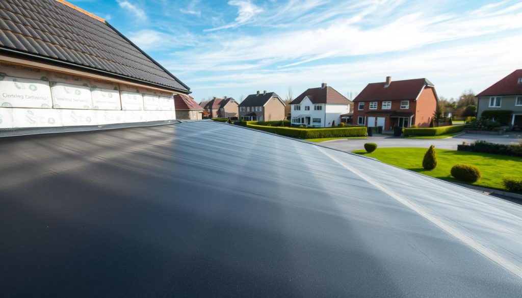 A cozy, well-insulated EPDM roof in a tranquil residential neighborhood. The foreground showcases the smooth, black EPDM membrane, its durable surface reflecting the soft, even lighting. In the middle ground, crisp white insulation panels stand out, their carefully placed layers ensuring optimal thermal efficiency. The background depicts a picturesque suburban setting, with neatly trimmed lawns, tidy houses, and a clear, blue sky above, conveying a sense of comfort and energy-saving harmony. The overall scene radiates a feeling of warmth, security, and environmental responsibility, perfectly capturing the essence of "EPDM Dakisolatie: Bespaar op Energiekosten". A cozy, well-insulated EPDM roof in a tranquil residential neighborhood. The foreground showcases the smooth, black EPDM membrane, its durable surface reflecting the soft, even lighting. In the middle ground, crisp white insulation panels stand out, their carefully placed layers ensuring optimal thermal efficiency. The background depicts a picturesque suburban setting, with neatly trimmed lawns, tidy houses, and a clear, blue sky above, conveying a sense of comfort and energy-saving harmony. The overall scene radiates a feeling of warmth, security, and environmental responsibility, perfectly capturing the essence of "EPDM Dakisolatie: Bespaar op Energiekosten".