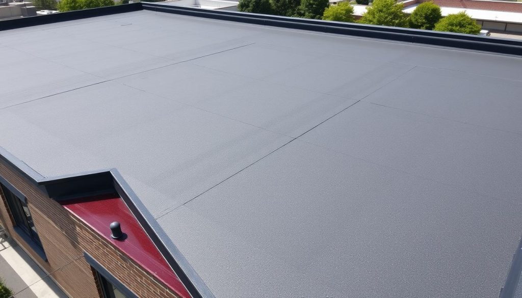 A crisp, high-resolution image of a well-installed EPDM roof covering on a flat commercial building. The membrane is seamlessly applied, with neatly trimmed edges and smooth transitions around architectural elements like vents and gutters. The material has a consistent charcoal-gray color, with a subtle matte finish that gives it a professional, durable appearance. The rooftop is well-maintained, with no visible damage or debris. The lighting is natural, creating soft shadows and highlighting the texture of the EPDM. The angle captures the entire roof expanse, providing a comprehensive view of the installation. The overall atmosphere conveys the reliability and longevity of this roofing solution for flat-roof commercial properties.