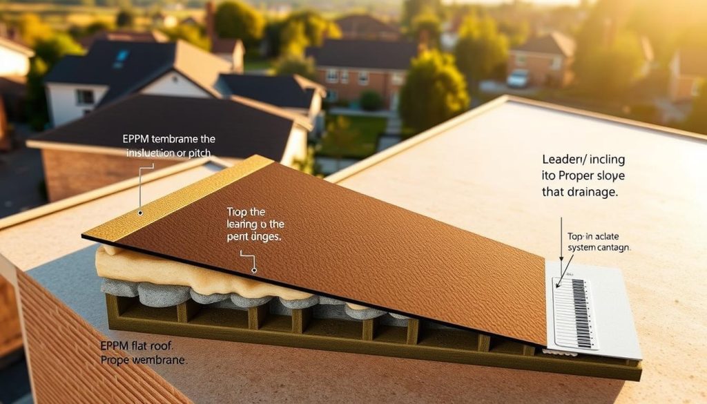 A detailed architectural diagram of a flat roof, showcasing the precise calculation of the proper slope or pitch. The foreground features a cross-sectional view of the roof structure, with labeled components such as the EPDM membrane, insulation, and supporting beams. The middle ground depicts a top-down perspective of the roof, highlighting the gradual incline leading to the drainage system. The background provides a contextual landscape, perhaps a residential or commercial building, to give the image a sense of real-world application. The lighting is warm and natural, creating depth and emphasizing the technical details. The overall mood is one of precision, functionality, and a clear understanding of the importance of proper roof design and construction. A detailed architectural diagram of a flat roof, showcasing the precise calculation of the proper slope or pitch. The foreground features a cross-sectional view of the roof structure, with labeled components such as the EPDM membrane, insulation, and supporting beams. The middle ground depicts a top-down perspective of the roof, highlighting the gradual incline leading to the drainage system. The background provides a contextual landscape, perhaps a residential or commercial building, to give the image a sense of real-world application. The lighting is warm and natural, creating depth and emphasizing the technical details. The overall mood is one of precision, functionality, and a clear understanding of the importance of proper roof design and construction.