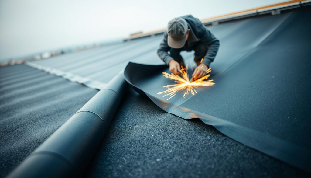 A detailed close-up view of an EPDM roof installation process. In the foreground, a skilled worker carefully unrolls and lays a large sheet of EPDM roofing membrane, smoothing it out meticulously. The middle ground shows the worker heat-welding the seams with a specialized tool, creating a seamless, watertight surface. In the background, the partially installed EPDM roof blends into the surrounding environment, with the roofline and skyline visible. Bright, even lighting illuminates the scene, capturing the intricate textures and precision of the installation work. The overall atmosphere conveys a sense of professionalism, attention to detail, and the importance of proper EPDM roof installation for long-term durability and performance. A detailed close-up view of an EPDM roof installation process. In the foreground, a skilled worker carefully unrolls and lays a large sheet of EPDM roofing membrane, smoothing it out meticulously. The middle ground shows the worker heat-welding the seams with a specialized tool, creating a seamless, watertight surface. In the background, the partially installed EPDM roof blends into the surrounding environment, with the roofline and skyline visible. Bright, even lighting illuminates the scene, capturing the intricate textures and precision of the installation work. The overall atmosphere conveys a sense of professionalism, attention to detail, and the importance of proper EPDM roof installation for long-term durability and performance.