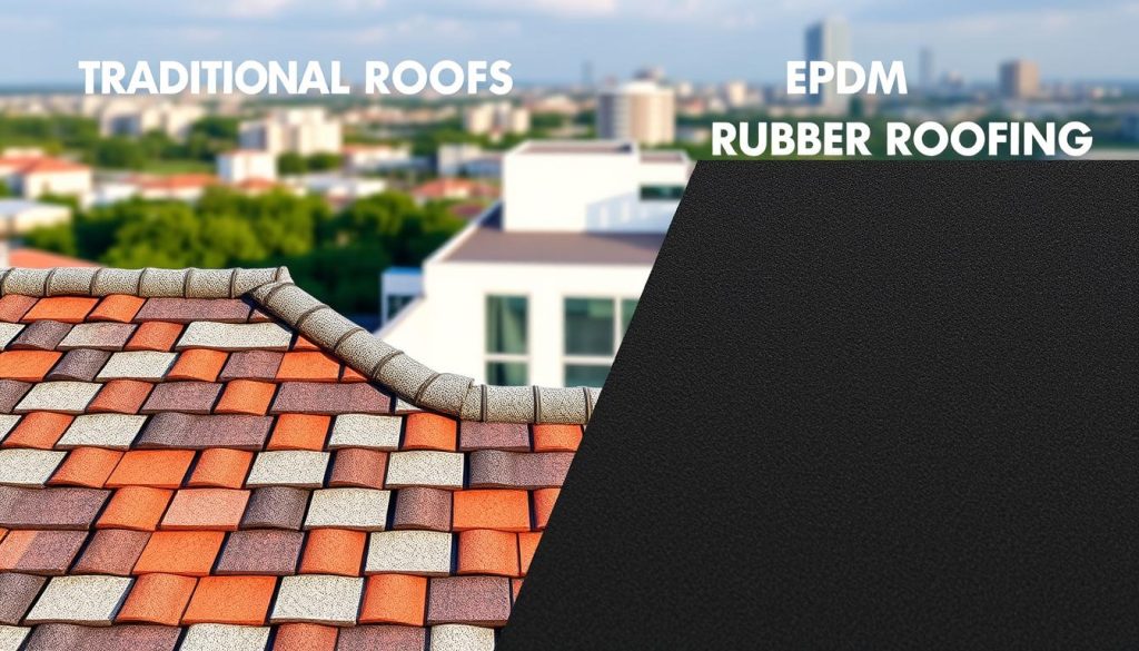 A detailed comparison of traditional roofing materials and EPDM rubber roofing, showcased in a realistic architectural rendering. The foreground depicts a side-by-side visualization of various roofing types, including asphalt shingles, clay tiles, and EPDM sheets, each with distinct textures and colors. The middle ground features a modern building with a partially visible rooftop, allowing the viewer to imagine the application of these roofing options. The background subtly blends in a softly lit, urban landscape, adding depth and context to the scene. Crisp, natural lighting illuminates the materials, emphasizing their unique properties and highlighting the visual contrast between the traditional and the contemporary roofing solutions. A detailed comparison of traditional roofing materials and EPDM rubber roofing, showcased in a realistic architectural rendering. The foreground depicts a side-by-side visualization of various roofing types, including asphalt shingles, clay tiles, and EPDM sheets, each with distinct textures and colors. The middle ground features a modern building with a partially visible rooftop, allowing the viewer to imagine the application of these roofing options. The background subtly blends in a softly lit, urban landscape, adding depth and context to the scene. Crisp, natural lighting illuminates the materials, emphasizing their unique properties and highlighting the visual contrast between the traditional and the contemporary roofing solutions.