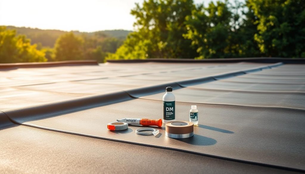 A detailed, high-resolution image of EPDM roof covering materials in a tranquil, natural setting. In the foreground, an expanse of seamless, black EPDM membrane lies smoothly across the rooftop, reflecting the clear sky above. Strategically placed in the middle ground, several EPDM installation tools and accessories, such as seam tape and seam cleaner, suggest the process of professional roofing installation. In the background, a lush, verdant landscape frames the scene, conveying a sense of sustainability and environmental harmony. Soft, diffused lighting casts a warm, golden glow across the composition, emphasizing the sleek, modern aesthetic of the EPDM system. The overall impression is one of quality, durability, and cost-effective roofing solution. A detailed, high-resolution image of EPDM roof covering materials in a tranquil, natural setting. In the foreground, an expanse of seamless, black EPDM membrane lies smoothly across the rooftop, reflecting the clear sky above. Strategically placed in the middle ground, several EPDM installation tools and accessories, such as seam tape and seam cleaner, suggest the process of professional roofing installation. In the background, a lush, verdant landscape frames the scene, conveying a sense of sustainability and environmental harmony. Soft, diffused lighting casts a warm, golden glow across the composition, emphasizing the sleek, modern aesthetic of the EPDM system. The overall impression is one of quality, durability, and cost-effective roofing solution.