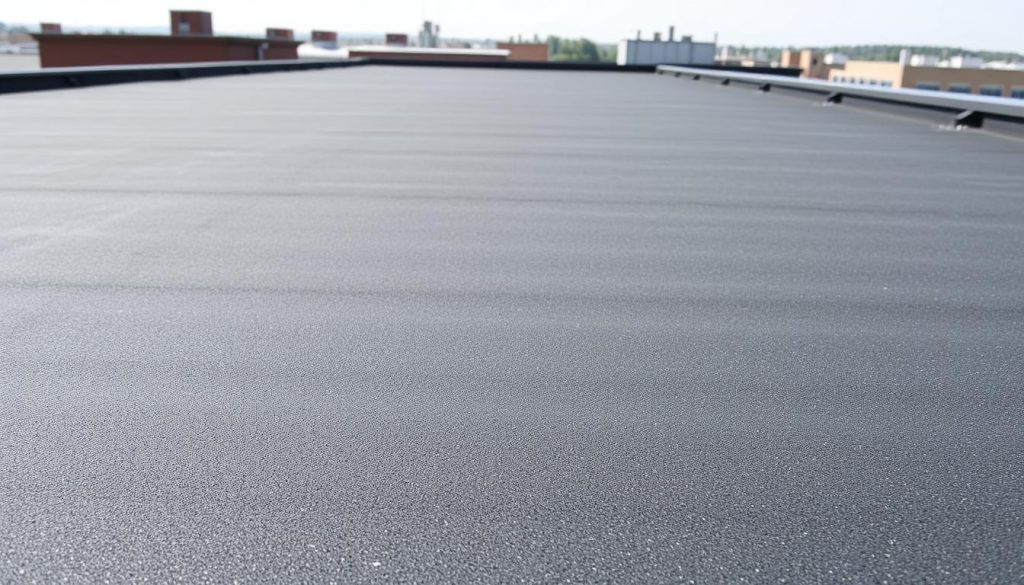 A detailed, high-resolution image of a flat roof covered in EPDM (Ethylene Propylene Diene Monomer) roofing material. The EPDM surface is shown in the foreground, showcasing its dark grey, weathered appearance and slightly textured surface. The middle ground depicts the rooftop edges, with a subtle transition to the surrounding environment in the background, such as nearby buildings or a clear sky. The lighting is natural, with soft shadows and highlights accentuating the EPDM's dimensional qualities. The overall mood is one of functionality and durability, highlighting the EPDM's role in preventing water accumulation on a flat roof. A detailed, high-resolution image of a flat roof covered in EPDM (Ethylene Propylene Diene Monomer) roofing material. The EPDM surface is shown in the foreground, showcasing its dark grey, weathered appearance and slightly textured surface. The middle ground depicts the rooftop edges, with a subtle transition to the surrounding environment in the background, such as nearby buildings or a clear sky. The lighting is natural, with soft shadows and highlights accentuating the EPDM's dimensional qualities. The overall mood is one of functionality and durability, highlighting the EPDM's role in preventing water accumulation on a flat roof.