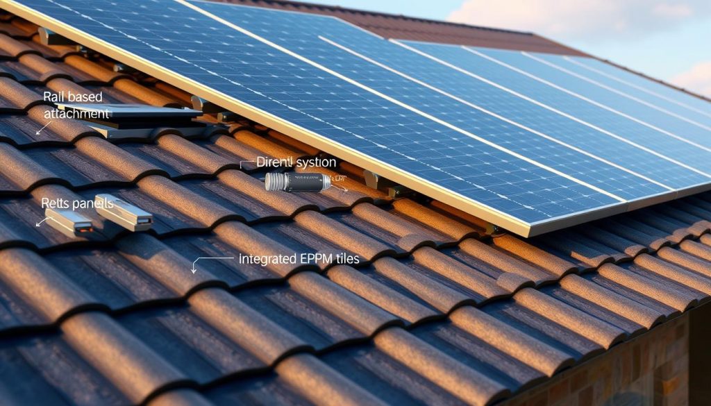 A detailed illustration showcasing the installation methods for solar panels on a slanted EPDM roof. The foreground features the various mounting techniques, such as rail-based systems, direct attachment, and integrated roof tiles, all precisely depicted. The middle ground presents the solar panels themselves, meticulously rendered with accurate proportions and realistic textures. The background subtly depicts the slanted EPDM roof, with its distinctive charcoal-gray color and seamless integration. The overall scene is bathed in warm, natural lighting, conveying a sense of practicality and functionality. The image maintains a technical, informative tone, suitable for an educational article on solar panel installation. A detailed illustration showcasing the installation methods for solar panels on a slanted EPDM roof. The foreground features the various mounting techniques, such as rail-based systems, direct attachment, and integrated roof tiles, all precisely depicted. The middle ground presents the solar panels themselves, meticulously rendered with accurate proportions and realistic textures. The background subtly depicts the slanted EPDM roof, with its distinctive charcoal-gray color and seamless integration. The overall scene is bathed in warm, natural lighting, conveying a sense of practicality and functionality. The image maintains a technical, informative tone, suitable for an educational article on solar panel installation.