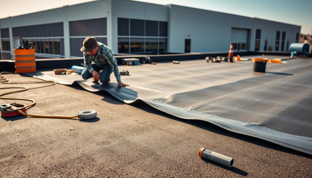 A detailed installation process of an EPDM flat roof system. In the foreground, a skilled worker carefully lays out the EPDM membrane, ensuring a seamless and precise fit. The middle ground features various roofing tools and accessories, conveying the technical nature of the process. In the background, a modern commercial or industrial building provides the contextual setting. Warm, directional lighting casts subtle shadows, accentuating the texture and materiality of the components. The overall scene exudes a sense of professionalism, attention to detail, and the robust nature of the EPDM roofing solution. A detailed installation process of an EPDM flat roof system. In the foreground, a skilled worker carefully lays out the EPDM membrane, ensuring a seamless and precise fit. The middle ground features various roofing tools and accessories, conveying the technical nature of the process. In the background, a modern commercial or industrial building provides the contextual setting. Warm, directional lighting casts subtle shadows, accentuating the texture and materiality of the components. The overall scene exudes a sense of professionalism, attention to detail, and the robust nature of the EPDM roofing solution.