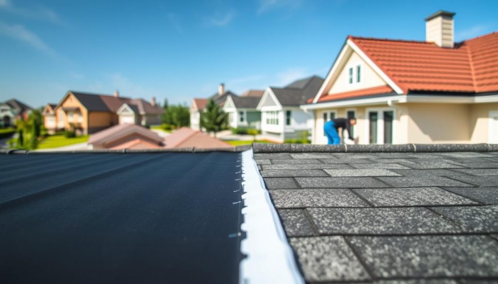 A high-quality, detailed comparison of EPDM (Ethylene Propylene Diene Monomer) and traditional roofing materials. In the foreground, showcase the distinct visual characteristics of EPDM and a traditional asphalt shingle roof, with crisp, vivid textures and natural lighting. In the middle ground, depict installation processes for both roofing types, highlighting the key differences. In the background, establish a serene, suburban setting with well-maintained houses to provide context. Convey a sense of professionalism and technical expertise, with a slightly muted color palette to maintain focus on the roofing materials. A high-quality, detailed comparison of EPDM (Ethylene Propylene Diene Monomer) and traditional roofing materials. In the foreground, showcase the distinct visual characteristics of EPDM and a traditional asphalt shingle roof, with crisp, vivid textures and natural lighting. In the middle ground, depict installation processes for both roofing types, highlighting the key differences. In the background, establish a serene, suburban setting with well-maintained houses to provide context. Convey a sense of professionalism and technical expertise, with a slightly muted color palette to maintain focus on the roofing materials.