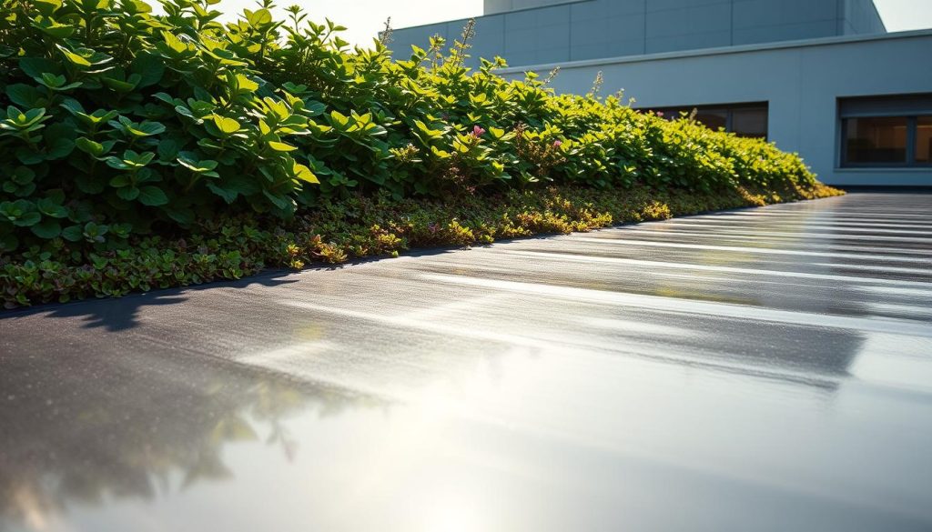 A lush, verdant sedum-covered green roof sits atop a modern EPDM membrane. The plants sway gently in the breeze, their vibrant foliage casting intricate patterns of light and shadow across the rooftop. In the foreground, the seamless EPDM surface reflects the surrounding sky and foliage, creating a tranquil, mirror-like effect. The middle ground showcases the diverse array of sedum species, their leaves ranging from deep green to hints of red and purple. The background features the architectural details of the building, with clean lines and minimalist design complementing the natural elements above. Warm, diffused sunlight bathes the scene, conveying a sense of peaceful harmony between the built and natural environments. A lush, verdant sedum-covered green roof sits atop a modern EPDM membrane. The plants sway gently in the breeze, their vibrant foliage casting intricate patterns of light and shadow across the rooftop. In the foreground, the seamless EPDM surface reflects the surrounding sky and foliage, creating a tranquil, mirror-like effect. The middle ground showcases the diverse array of sedum species, their leaves ranging from deep green to hints of red and purple. The background features the architectural details of the building, with clean lines and minimalist design complementing the natural elements above. Warm, diffused sunlight bathes the scene, conveying a sense of peaceful harmony between the built and natural environments.