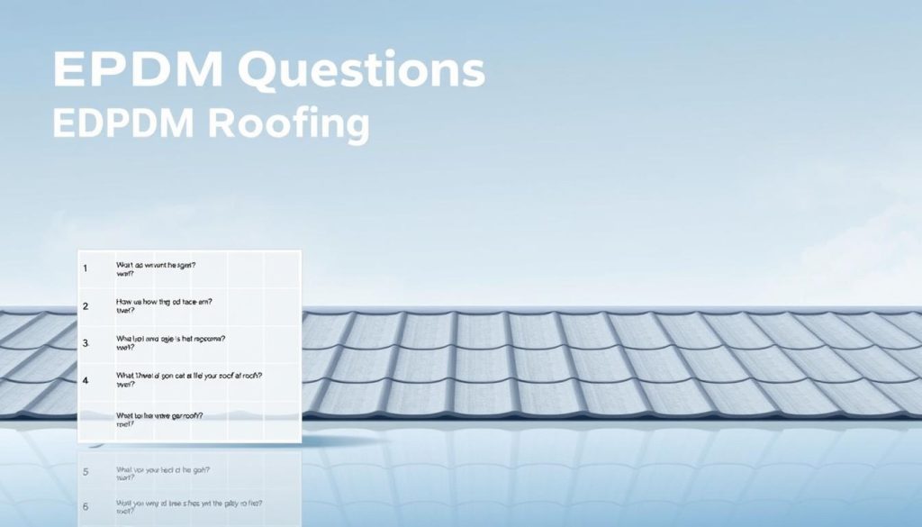 A modern and minimalist illustration showcasing a collection of frequently asked questions about EPDM roofing. In the foreground, a clean grid of neatly organized questions hovers above a smooth, reflective surface, creating a sense of depth and clarity. The middle ground features a subtle, textured EPDM roof panel, rendered in muted grays and blues to convey the durability and reliability of this roofing material. The background is a soft, gradient-filled sky, providing a calming and professional atmosphere. The overall composition is balanced, well-lit, and designed to draw the viewer's attention to the key information about EPDM roofing. A modern and minimalist illustration showcasing a collection of frequently asked questions about EPDM roofing. In the foreground, a clean grid of neatly organized questions hovers above a smooth, reflective surface, creating a sense of depth and clarity. The middle ground features a subtle, textured EPDM roof panel, rendered in muted grays and blues to convey the durability and reliability of this roofing material. The background is a soft, gradient-filled sky, providing a calming and professional atmosphere. The overall composition is balanced, well-lit, and designed to draw the viewer's attention to the key information about EPDM roofing.