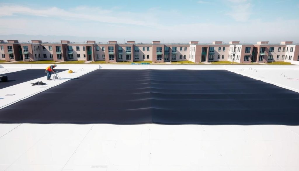 A modern commercial building with a sleek EPDM roofing system. In the foreground, workers expertly install the durable, weather-resistant membrane, their tools and equipment neatly organized. The middle ground showcases the finished product, the flat black roof contrasting beautifully against the bright blue sky. In the background, a series of identical buildings, all sporting the same high-quality EPDM roofing, creating a cohesive and professional visual. The lighting is soft and diffused, highlighting the smooth texture of the roofing material. The camera angle is slightly elevated, providing a comprehensive view of the installation process and the overall architectural design. A modern commercial building with a sleek EPDM roofing system. In the foreground, workers expertly install the durable, weather-resistant membrane, their tools and equipment neatly organized. The middle ground showcases the finished product, the flat black roof contrasting beautifully against the bright blue sky. In the background, a series of identical buildings, all sporting the same high-quality EPDM roofing, creating a cohesive and professional visual. The lighting is soft and diffused, highlighting the smooth texture of the roofing material. The camera angle is slightly elevated, providing a comprehensive view of the installation process and the overall architectural design.