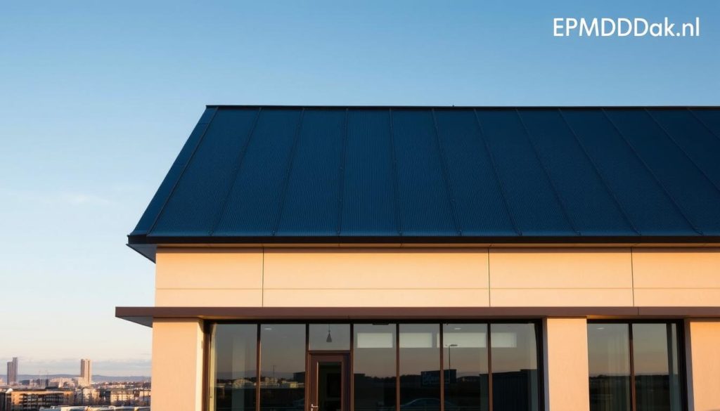A modern, sleek EPDM roof atop a well-designed commercial building, showcasing the quality and expertise of EPDMDak.nl. The structure stands prominently, bathed in warm, natural lighting that accentuates the seamless black membrane and clean architectural lines. In the foreground, a close-up view highlights the durable, weather-resistant EPDM material, conveying its superior performance and longevity. The mid-ground features the building's facade, with minimalist design elements and large windows that reflect the sky and surrounding environment. In the background, a cityscape or landscape backdrop frames the scene, suggesting the versatility and suitability of EPDM roofing for various settings. The overall aesthetic is one of professionalism, innovation, and a commitment to high-quality, sustainable roofing solutions. A modern, sleek EPDM roof atop a well-designed commercial building, showcasing the quality and expertise of EPDMDak.nl. The structure stands prominently, bathed in warm, natural lighting that accentuates the seamless black membrane and clean architectural lines. In the foreground, a close-up view highlights the durable, weather-resistant EPDM material, conveying its superior performance and longevity. The mid-ground features the building's facade, with minimalist design elements and large windows that reflect the sky and surrounding environment. In the background, a cityscape or landscape backdrop frames the scene, suggesting the versatility and suitability of EPDM roofing for various settings. The overall aesthetic is one of professionalism, innovation, and a commitment to high-quality, sustainable roofing solutions.