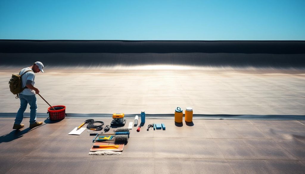 A neatly organized EPDM rooftop, bathed in warm, natural light. In the foreground, a skilled technician carefully inspects the surface, noting any minor imperfections. In the middle ground, various cleaning tools and supplies are meticulously arranged, ready for the maintenance routine. The background showcases the expansive, gently sloping roof, its seamless black membrane reflecting the clear, blue sky above. The scene conveys a sense of diligence, attention to detail, and a commitment to preserving the integrity of the EPDM roofing system. A neatly organized EPDM rooftop, bathed in warm, natural light. In the foreground, a skilled technician carefully inspects the surface, noting any minor imperfections. In the middle ground, various cleaning tools and supplies are meticulously arranged, ready for the maintenance routine. The background showcases the expansive, gently sloping roof, its seamless black membrane reflecting the clear, blue sky above. The scene conveys a sense of diligence, attention to detail, and a commitment to preserving the integrity of the EPDM roofing system.