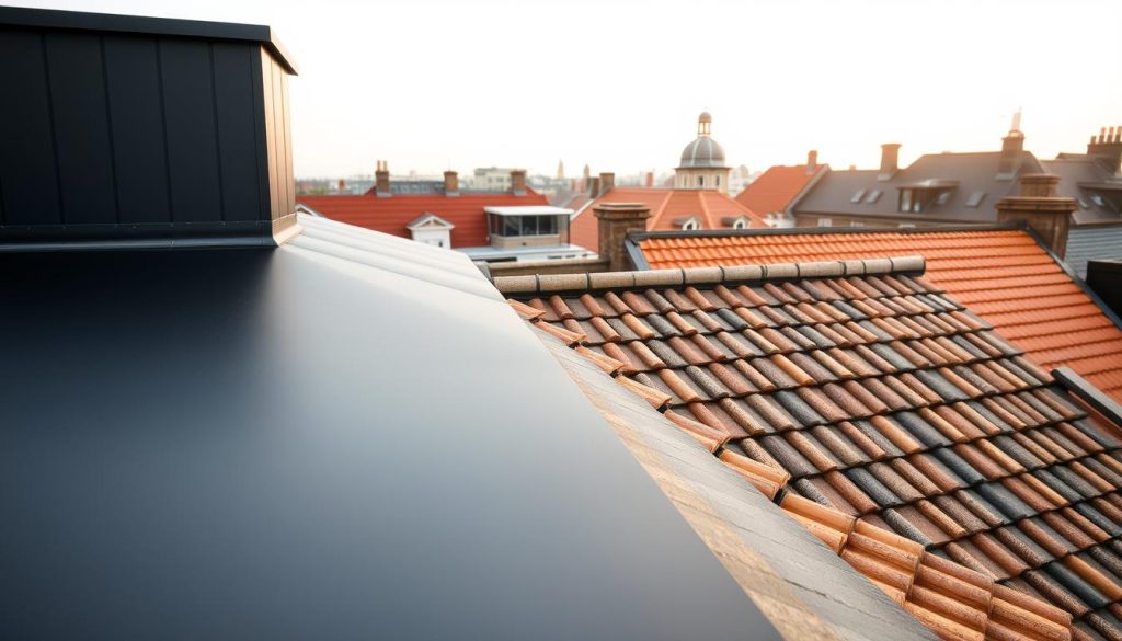 A panoramic view of various roofing materials, showcasing the diversity of "soorten dakbedekking". In the foreground, a sleek EPDM membrane in a matte charcoal hue, its seamless surface reflecting the surrounding environment. In the middle ground, a range of traditional tiles in terracotta, slate, and clay tones, arranged in a harmonious pattern. The background features the silhouettes of modern and historic buildings, their roofs blending into the sky, creating a sense of architectural unity. The scene is bathed in warm, diffused light, conveying a sense of timelessness and the enduring appeal of well-chosen roofing solutions. A panoramic view of various roofing materials, showcasing the diversity of "soorten dakbedekking". In the foreground, a sleek EPDM membrane in a matte charcoal hue, its seamless surface reflecting the surrounding environment. In the middle ground, a range of traditional tiles in terracotta, slate, and clay tones, arranged in a harmonious pattern. The background features the silhouettes of modern and historic buildings, their roofs blending into the sky, creating a sense of architectural unity. The scene is bathed in warm, diffused light, conveying a sense of timelessness and the enduring appeal of well-chosen roofing solutions.