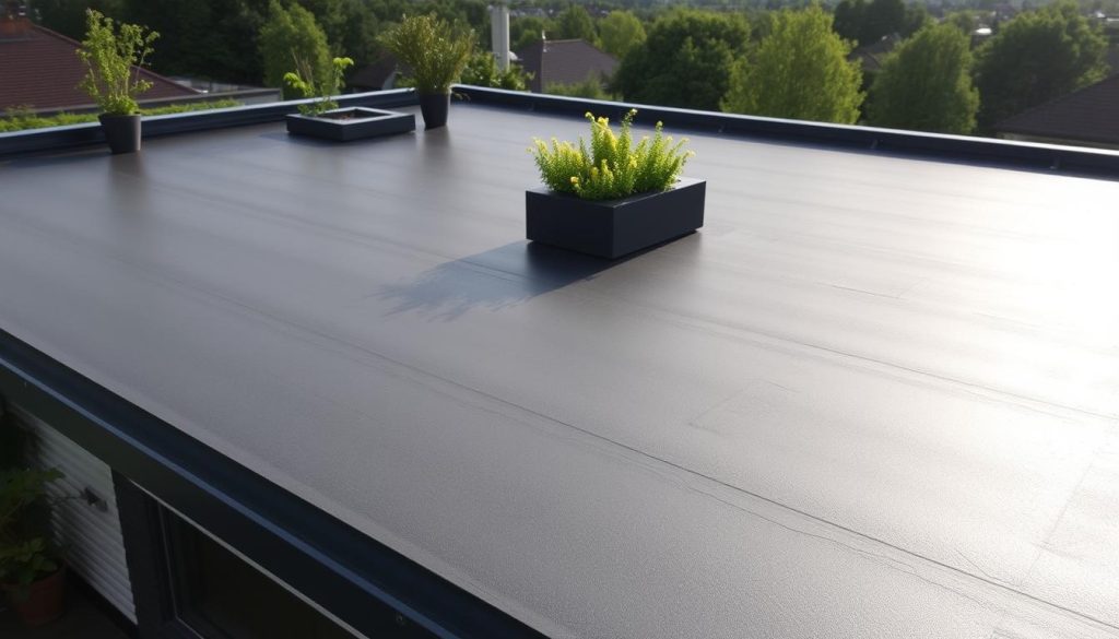 A peaceful, well-lit rooftop scene overlooking the city of Alphen aan den Rijn. The focal point is a sleek, modern EPDM roofing system, its dark gray surface reflecting the sun's rays. The surroundings feature lush greenery, with potted plants and a small seating area, creating a serene, inviting atmosphere. The image conveys the durability, low maintenance, and aesthetic appeal of EPDM roofing, highlighting why it is a practical and visually pleasing choice for the residents of Alphen aan den Rijn. A peaceful, well-lit rooftop scene overlooking the city of Alphen aan den Rijn. The focal point is a sleek, modern EPDM roofing system, its dark gray surface reflecting the sun's rays. The surroundings feature lush greenery, with potted plants and a small seating area, creating a serene, inviting atmosphere. The image conveys the durability, low maintenance, and aesthetic appeal of EPDM roofing, highlighting why it is a practical and visually pleasing choice for the residents of Alphen aan den Rijn.