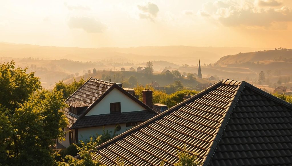 A picturesque hillside landscape bathed in warm, golden sunlight. In the foreground, a charming two-story house with a prominent, neatly-tiled "hellend dak" (pitched roof) glistening in the sun. The roof's intricate pattern of overlapping tiles creates a visually striking and textured surface. Lush, verdant trees and foliage surround the house, adding depth and a sense of tranquility to the scene. In the middle ground, rolling hills dotted with similar houses and trees stretch out towards the horizon. The background features a hazy, atmospheric sky with fluffy white clouds, conveying a serene and idyllic setting. The entire composition exudes a sense of peaceful, pastoral charm, perfectly capturing the essence of "EPDM Dakbedekking voor Hellende Daken".
