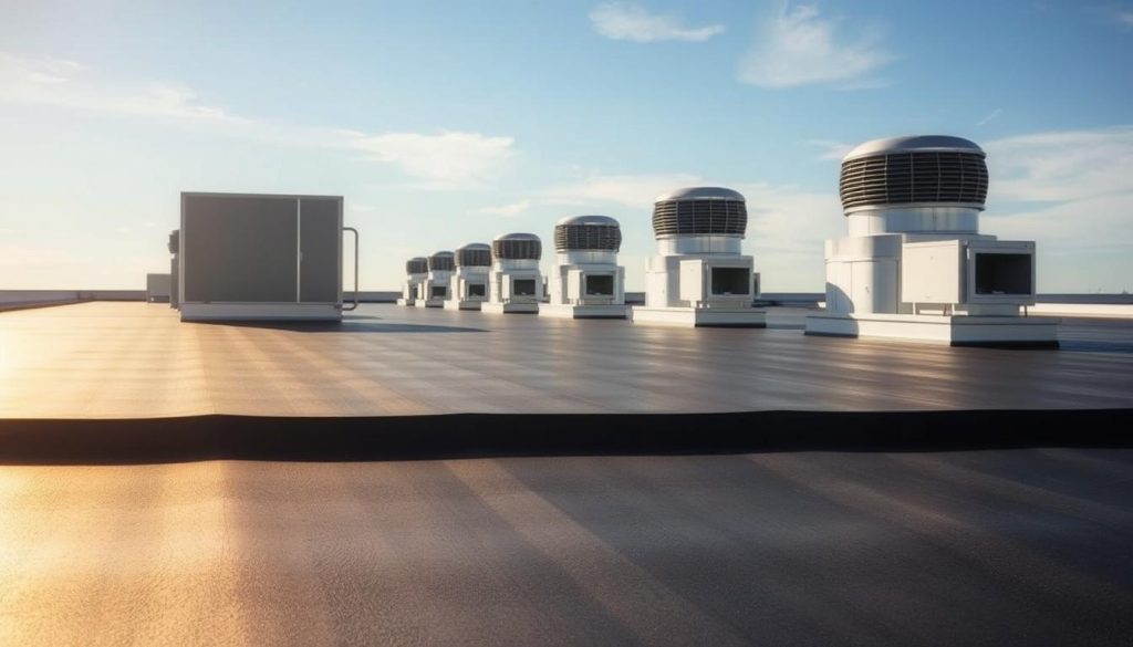 A picturesque scene of an EPDM roof system showcasing its advantages. In the foreground, a well-crafted EPDM membrane glistens under the warm, natural lighting, highlighting its seamless, durable, and weatherproof properties. In the middle ground, a series of sleek, efficient HVAC units and vents are neatly integrated into the roof, emphasizing the versatility and functionality of EPDM. The background features a serene, blue sky with just a few wispy clouds, creating a calming, professional atmosphere. The overall composition conveys the reliability, longevity, and aesthetic appeal of EPDM roofing, perfectly suited for the "EPDM Dak De Bilt" article section on "The Advantages of EPDM Roofing."