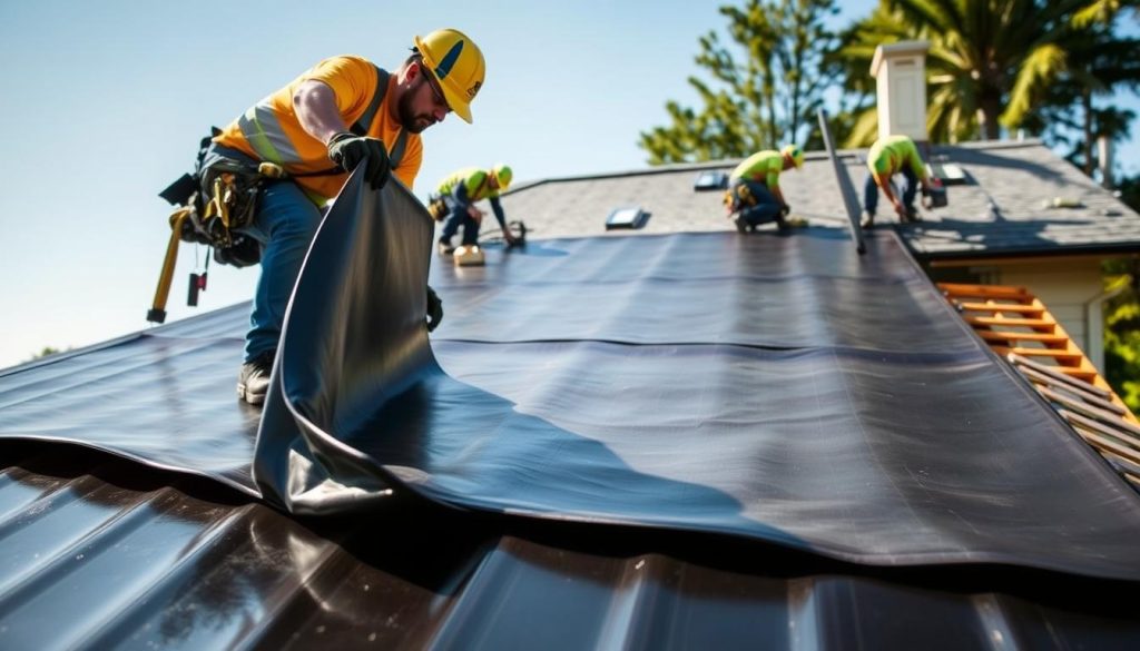 A professional installation of EPDM roofing on a residential property. In the foreground, a skilled roofer carefully unrolls and secures the EPDM membrane, ensuring a seamless and watertight fit. In the middle ground, additional workers use specialized tools to trim and adhere the edges, creating a precise, clean installation. The background features the pitched roof structure, with the existing roofing material partially removed, allowing for the new EPDM layer to be properly integrated. Bright, natural lighting illuminates the scene, casting warm shadows and highlighting the textural details of the materials. The overall mood conveys a sense of professionalism, attention to detail, and the importance of proper roofing installation for long-term durability and protection. A professional installation of EPDM roofing on a residential property. In the foreground, a skilled roofer carefully unrolls and secures the EPDM membrane, ensuring a seamless and watertight fit. In the middle ground, additional workers use specialized tools to trim and adhere the edges, creating a precise, clean installation. The background features the pitched roof structure, with the existing roofing material partially removed, allowing for the new EPDM layer to be properly integrated. Bright, natural lighting illuminates the scene, casting warm shadows and highlighting the textural details of the materials. The overall mood conveys a sense of professionalism, attention to detail, and the importance of proper roofing installation for long-term durability and protection.