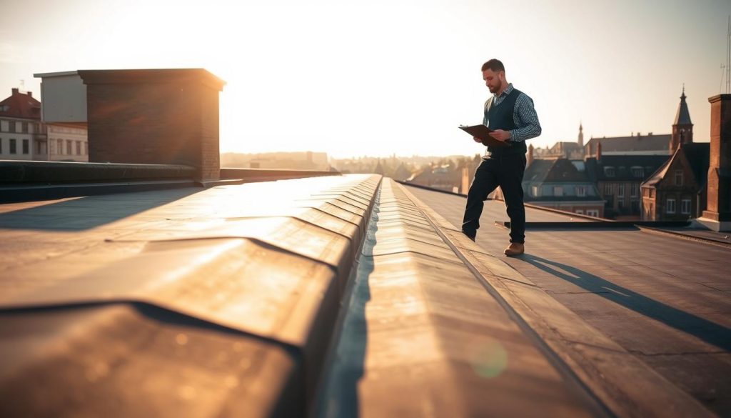 A professional technician inspecting the surface of an EPDM roof, examining it closely with a clipboard in hand. The roof is illuminated by warm, directional sunlight casting long shadows, highlighting the material's texture and condition. In the background, a cityscape of Middelburg's historic buildings provides context. The scene conveys a sense of meticulous care and attention to detail in maintaining the roofing system. A professional technician inspecting the surface of an EPDM roof, examining it closely with a clipboard in hand. The roof is illuminated by warm, directional sunlight casting long shadows, highlighting the material's texture and condition. In the background, a cityscape of Middelburg's historic buildings provides context. The scene conveys a sense of meticulous care and attention to detail in maintaining the roofing system.