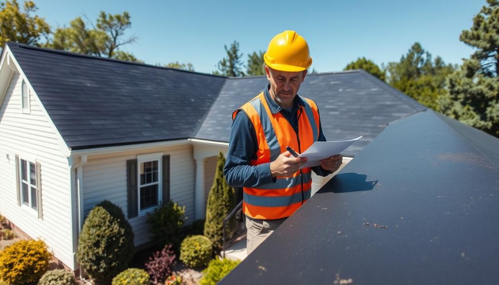 A residential house with a well-maintained EPDM roof on a sunny day. The camera is positioned at a slight angle, capturing the front facade and the roof in clear detail. The roof appears to be in excellent condition, with no visible signs of wear or damage. A professional roofer, dressed in a safety vest and hard hat, is carefully inspecting the roof, examining it with a keen eye and taking notes. The surrounding landscape is lush and well-manicured, with a few trees and shrubs providing a natural backdrop. The overall scene conveys a sense of diligence, attention to detail, and the importance of regular roof inspections for the longevity and performance of an EPDM roof system. A residential house with a well-maintained EPDM roof on a sunny day. The camera is positioned at a slight angle, capturing the front facade and the roof in clear detail. The roof appears to be in excellent condition, with no visible signs of wear or damage. A professional roofer, dressed in a safety vest and hard hat, is carefully inspecting the roof, examining it with a keen eye and taking notes. The surrounding landscape is lush and well-manicured, with a few trees and shrubs providing a natural backdrop. The overall scene conveys a sense of diligence, attention to detail, and the importance of regular roof inspections for the longevity and performance of an EPDM roof system.