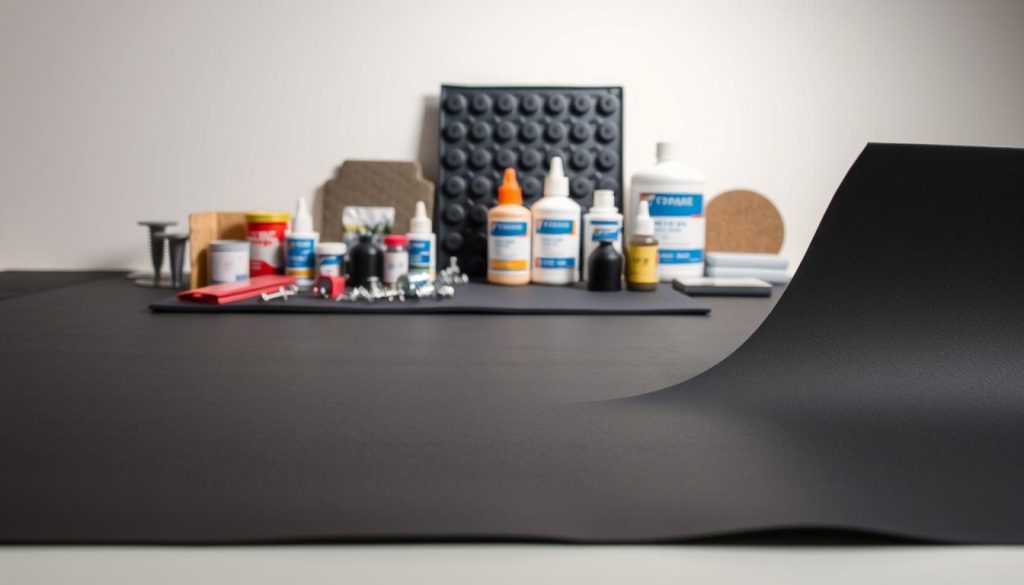 A serene and well-lit product photography scene showcasing various EPDM roofing materials. In the foreground, a crisp, high-quality close-up of a pristine EPDM membrane swatch, showcasing its smooth, uniform texture and jet-black color. In the middle ground, an array of EPDM roofing accessories like fasteners, sealants, and walkway pads arranged neatly against a soft, neutral background. The background features a subtle gradient, creating a clean, professional atmosphere, with gentle side lighting to accentuate the materials' quality and durability. The overall composition conveys the dependability and versatility of EPDM roofing solutions. A serene and well-lit product photography scene showcasing various EPDM roofing materials. In the foreground, a crisp, high-quality close-up of a pristine EPDM membrane swatch, showcasing its smooth, uniform texture and jet-black color. In the middle ground, an array of EPDM roofing accessories like fasteners, sealants, and walkway pads arranged neatly against a soft, neutral background. The background features a subtle gradient, creating a clean, professional atmosphere, with gentle side lighting to accentuate the materials' quality and durability. The overall composition conveys the dependability and versatility of EPDM roofing solutions.