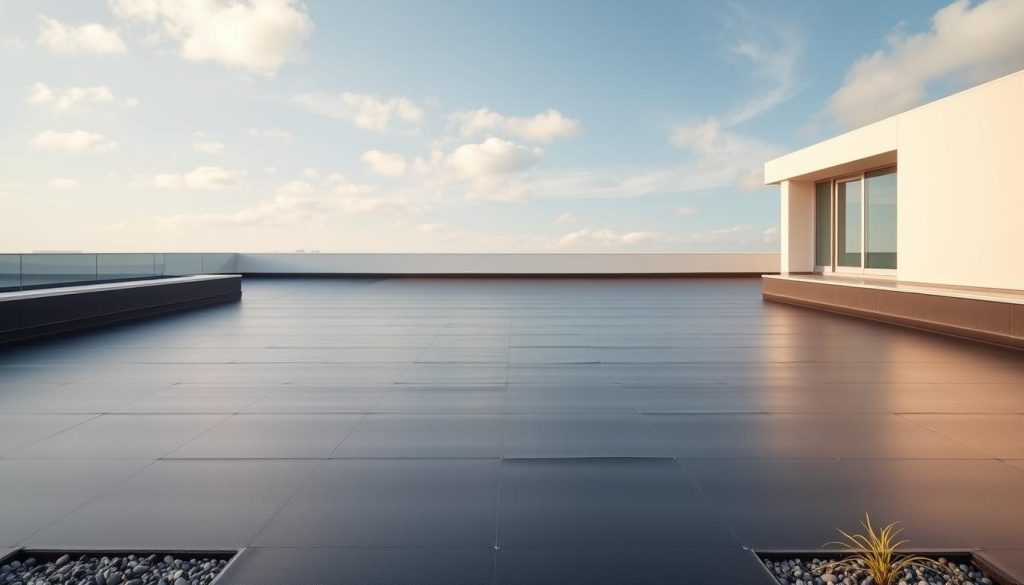 A serene, modern EPDM-covered flat roof bathed in warm, diffused natural lighting. The smooth, seamless black membrane stretches across the frame, reflecting the sky above. Minimalist architecture with clean lines and large windows accentuate the minimalist aesthetic. In the foreground, a few small gravel beds or potted plants add subtle organic touches. The overall mood is one of calm, efficiency, and environmental harmony, perfectly suited for an article on EPDM roofing solutions. A serene, modern EPDM-covered flat roof bathed in warm, diffused natural lighting. The smooth, seamless black membrane stretches across the frame, reflecting the sky above. Minimalist architecture with clean lines and large windows accentuate the minimalist aesthetic. In the foreground, a few small gravel beds or potted plants add subtle organic touches. The overall mood is one of calm, efficiency, and environmental harmony, perfectly suited for an article on EPDM roofing solutions.