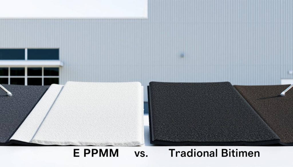 A side-by-side comparison of EPDM and traditional bitumen roofing materials, showcased against a backdrop of a modern industrial building. In the foreground, two expertly crafted samples of the respective materials, their textures and compositions meticulously detailed. In the middle ground, a clean, well-lit architectural rendering highlights the visual differences between the two, emphasizing their unique aesthetic qualities. The background features a sleek, minimalist building facade, allowing the roofing materials to take center stage. The lighting is crisp, with subtle shadows accentuating the dimensional aspects of the samples. The overall scene conveys a sense of technical proficiency and informed decision-making, reflecting the expertise required in selecting the optimal roofing solution. A side-by-side comparison of EPDM and traditional bitumen roofing materials, showcased against a backdrop of a modern industrial building. In the foreground, two expertly crafted samples of the respective materials, their textures and compositions meticulously detailed. In the middle ground, a clean, well-lit architectural rendering highlights the visual differences between the two, emphasizing their unique aesthetic qualities. The background features a sleek, minimalist building facade, allowing the roofing materials to take center stage. The lighting is crisp, with subtle shadows accentuating the dimensional aspects of the samples. The overall scene conveys a sense of technical proficiency and informed decision-making, reflecting the expertise required in selecting the optimal roofing solution.