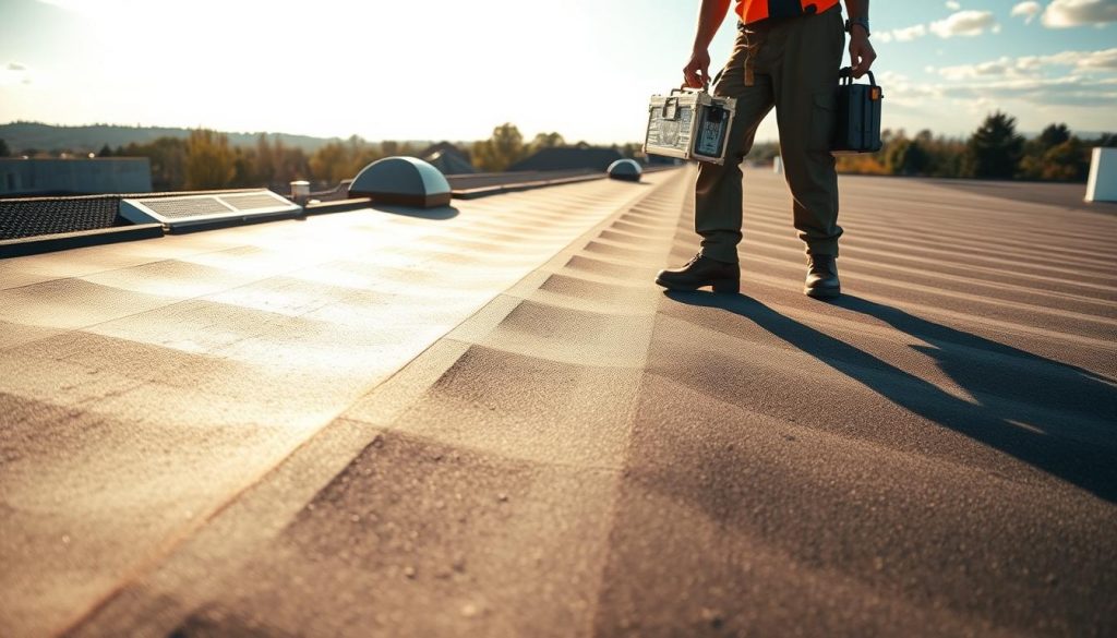 A sun-dappled rooftop, the EPDM membrane glistening in the warm light. A skilled technician, toolbox in hand, carefully inspecting the surface for any signs of wear or damage. In the foreground, a close-up view of the membrane's texture, its robust yet flexible composition evident. The middle ground showcases the technician's diligent work, examining the roof's edges and seams with a practiced eye. The background reveals a picturesque suburban landscape, lending a sense of tranquility to the scene. Soft shadows and highlights create a sense of depth, while the overall composition conveys the importance of meticulous roof maintenance for longevity. A sun-dappled rooftop, the EPDM membrane glistening in the warm light. A skilled technician, toolbox in hand, carefully inspecting the surface for any signs of wear or damage. In the foreground, a close-up view of the membrane's texture, its robust yet flexible composition evident. The middle ground showcases the technician's diligent work, examining the roof's edges and seams with a practiced eye. The background reveals a picturesque suburban landscape, lending a sense of tranquility to the scene. Soft shadows and highlights create a sense of depth, while the overall composition conveys the importance of meticulous roof maintenance for longevity.
