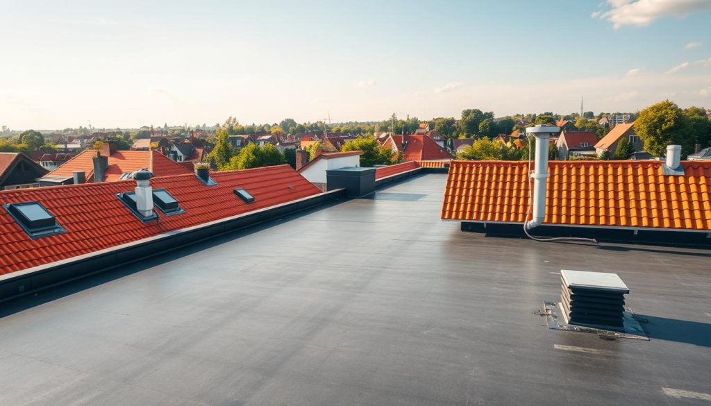 A sun-drenched architectural rooftop in Hillegom, Netherlands. In the foreground, a sleek, seamless EPDM (Ethylene Propylene Diene Monomer) rubber membrane covers the surface, its charcoal-grey hue contrasting beautifully with the vibrant red tiles of the surrounding roofs. The middle ground reveals the intricate network of pipes, vents, and other rooftop elements, all meticulously integrated into the EPDM system. In the background, the picturesque town of Hillegom unfolds, with its charming Dutch houses and lush greenery. The scene is bathed in warm, golden light, creating a sense of tranquility and efficiency. The camera captures the EPDM roof from a slightly elevated angle, showcasing its sleek, low-profile design and seamless integration with the building's architecture. A sun-drenched architectural rooftop in Hillegom, Netherlands. In the foreground, a sleek, seamless EPDM (Ethylene Propylene Diene Monomer) rubber membrane covers the surface, its charcoal-grey hue contrasting beautifully with the vibrant red tiles of the surrounding roofs. The middle ground reveals the intricate network of pipes, vents, and other rooftop elements, all meticulously integrated into the EPDM system. In the background, the picturesque town of Hillegom unfolds, with its charming Dutch houses and lush greenery. The scene is bathed in warm, golden light, creating a sense of tranquility and efficiency. The camera captures the EPDM roof from a slightly elevated angle, showcasing its sleek, low-profile design and seamless integration with the building's architecture.