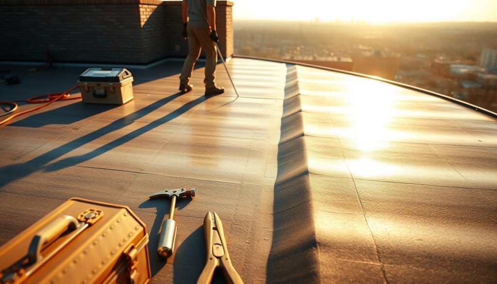 A sun-drenched rooftop, the EPDM membrane glistening with precision. In the foreground, a toolbox and a neatly arranged array of installation tools, each casting subtle shadows. The middle ground features a skilled worker, their hands deftly securing the membrane, their focus unwavering. In the background, a panoramic view of the cityscape, hinting at the building's integration within the urban landscape. The lighting is warm and natural, casting a soft, inviting glow over the entire scene. Captured through a wide-angle lens, the composition emphasizes the harmonious balance between the technical aspects of the installation and the broader context of the project. A sun-drenched rooftop, the EPDM membrane glistening with precision. In the foreground, a toolbox and a neatly arranged array of installation tools, each casting subtle shadows. The middle ground features a skilled worker, their hands deftly securing the membrane, their focus unwavering. In the background, a panoramic view of the cityscape, hinting at the building's integration within the urban landscape. The lighting is warm and natural, casting a soft, inviting glow over the entire scene. Captured through a wide-angle lens, the composition emphasizes the harmonious balance between the technical aspects of the installation and the broader context of the project.