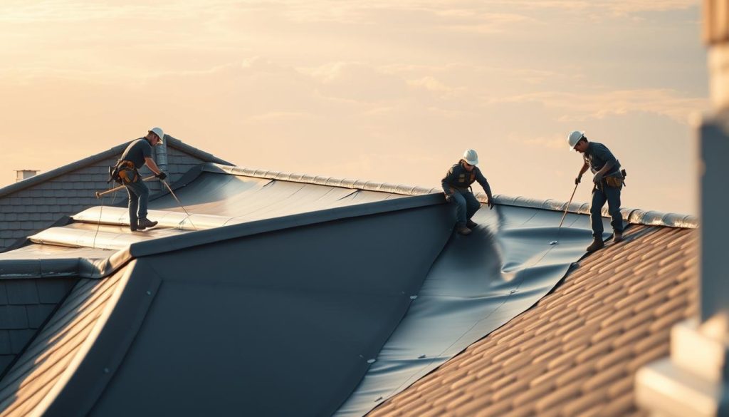 A team of professional roofers meticulously installing a high-quality EPDM membrane on a residential rooftop. In the foreground, workers carefully align and secure the seamless rubber sheet, using specialized tools and techniques to ensure a watertight seal. The mid-ground reveals the rooftop's intricate architecture, with a mix of gentle slopes and sharp edges. In the background, the sky is filled with warm, diffused lighting, creating a serene, almost meditative atmosphere. The scene conveys the precision, skill, and attention to detail required for a successful EPDM roof installation. A team of professional roofers meticulously installing a high-quality EPDM membrane on a residential rooftop. In the foreground, workers carefully align and secure the seamless rubber sheet, using specialized tools and techniques to ensure a watertight seal. The mid-ground reveals the rooftop's intricate architecture, with a mix of gentle slopes and sharp edges. In the background, the sky is filled with warm, diffused lighting, creating a serene, almost meditative atmosphere. The scene conveys the precision, skill, and attention to detail required for a successful EPDM roof installation.