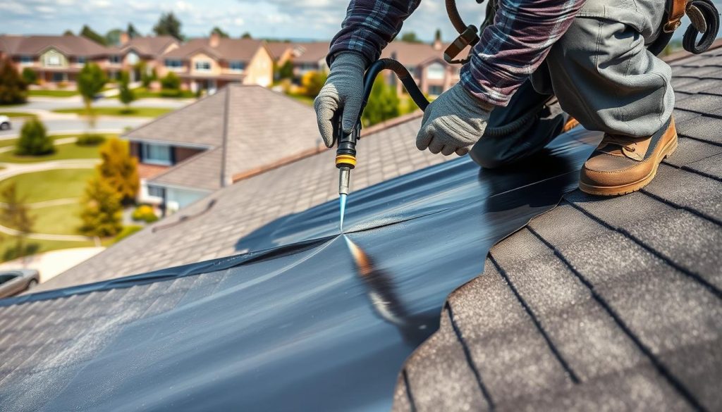 A well-lit, close-up view of a roofer skillfully applying EPDM (Ethylene Propylene Diene Monomer) roofing membrane to a residential roof. The roofer is using a torch to adhere the EPDM to the roof surface, creating a seamless, weatherproof seal. The EPDM material appears glossy and durable, with a dark gray color that contrasts against the neutral tones of the roof. In the background, a suburban neighborhood with well-maintained homes provides context, conveying the residential setting of the roofing project. The overall scene exudes a sense of professionalism and attention to detail, highlighting the expertise required for successful EPDM roof repairs. A well-lit, close-up view of a roofer skillfully applying EPDM (Ethylene Propylene Diene Monomer) roofing membrane to a residential roof. The roofer is using a torch to adhere the EPDM to the roof surface, creating a seamless, weatherproof seal. The EPDM material appears glossy and durable, with a dark gray color that contrasts against the neutral tones of the roof. In the background, a suburban neighborhood with well-maintained homes provides context, conveying the residential setting of the roofing project. The overall scene exudes a sense of professionalism and attention to detail, highlighting the expertise required for successful EPDM roof repairs.