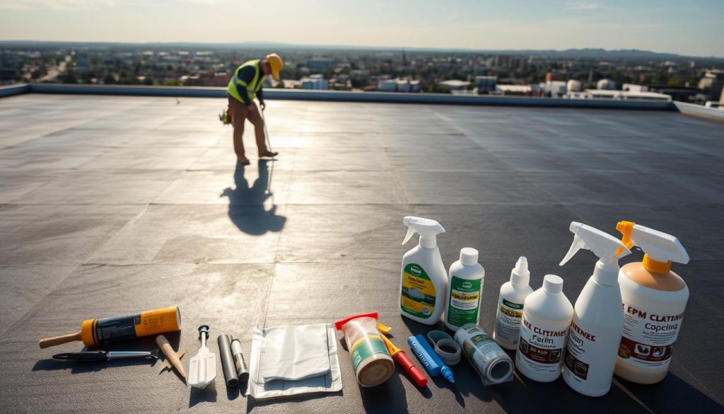 A well-lit commercial rooftop, the EPDM membrane glistening under the sun's rays. In the foreground, a worker carefully inspects the surface, looking for any signs of wear or damage. The middle ground showcases various tools and materials used for EPDM maintenance, including sealants, adhesives, and specialty cleaning solutions. In the background, a panoramic view of the surrounding area, providing context and a sense of scale. The scene conveys a sense of diligence, expertise, and a commitment to preserving the integrity of the roofing system. The lighting is crisp and evenly distributed, capturing the details of the materials and the worker's actions. The overall atmosphere is one of professionalism and attention to detail. A well-lit commercial rooftop, the EPDM membrane glistening under the sun's rays. In the foreground, a worker carefully inspects the surface, looking for any signs of wear or damage. The middle ground showcases various tools and materials used for EPDM maintenance, including sealants, adhesives, and specialty cleaning solutions. In the background, a panoramic view of the surrounding area, providing context and a sense of scale. The scene conveys a sense of diligence, expertise, and a commitment to preserving the integrity of the roofing system. The lighting is crisp and evenly distributed, capturing the details of the materials and the worker's actions. The overall atmosphere is one of professionalism and attention to detail.