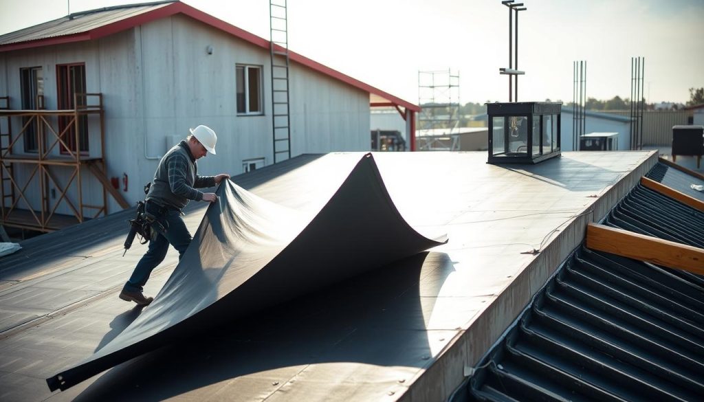 A well-lit construction site, with a technician carefully unfurling a roll of EPDM roofing material on a slanted roof. The background features a partially framed building, scaffolding, and other construction equipment, conveying a sense of an active, ongoing project. The technician's movements are precise, their tools neatly organized, reflecting the technical expertise required for a proper EPDM roof installation. Soft, directional lighting casts subtle shadows, highlighting the texture and flexibility of the EPDM material as it is meticulously secured to the roof's surface. The overall atmosphere is one of diligence, professionalism, and the careful execution of a vital roofing technique. A well-lit construction site, with a technician carefully unfurling a roll of EPDM roofing material on a slanted roof. The background features a partially framed building, scaffolding, and other construction equipment, conveying a sense of an active, ongoing project. The technician's movements are precise, their tools neatly organized, reflecting the technical expertise required for a proper EPDM roof installation. Soft, directional lighting casts subtle shadows, highlighting the texture and flexibility of the EPDM material as it is meticulously secured to the roof's surface. The overall atmosphere is one of diligence, professionalism, and the careful execution of a vital roofing technique.