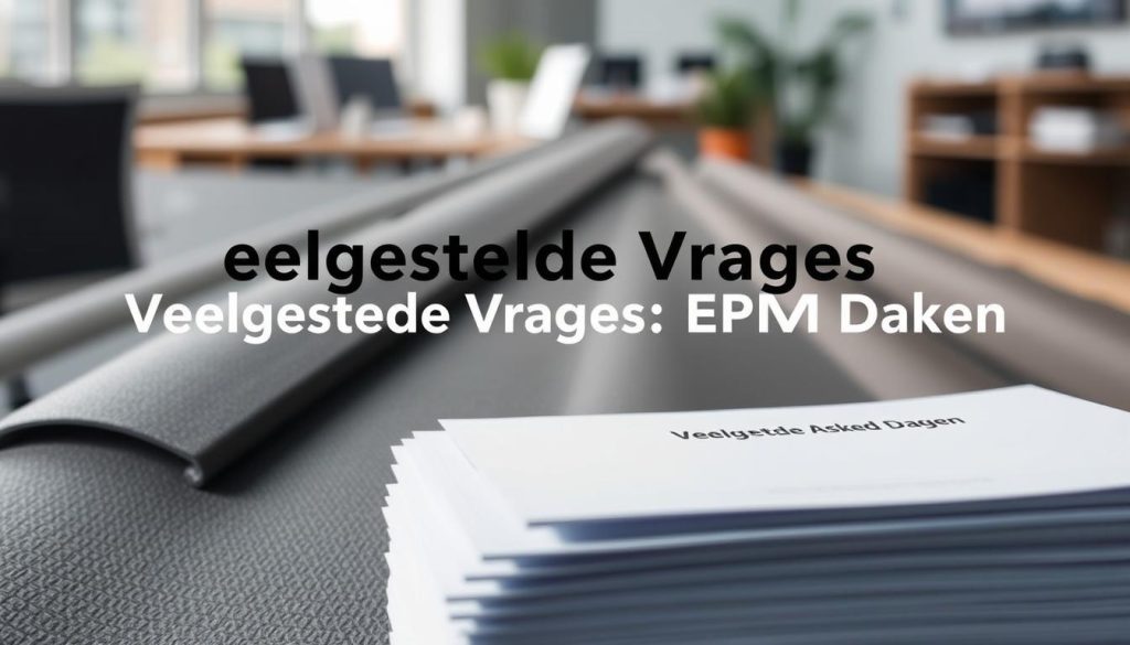 A well-lit, detailed image of a series of frequently asked questions about EPDM roofs. The foreground shows a stack of documents or papers with the title "Veelgestelde Vragen EPDM Daken" in a clean, professional font. The middle ground features an EPDM roof membrane with its distinctive texture and seams, depicting the subject of the questions. The background blurs into an office or workspace environment, suggesting a practical, informative context. The lighting is soft and natural, creating a calm, authoritative mood. The camera angle is slightly elevated, giving an overview of the scene. The image conveys a sense of helpful information about the technical aspects of EPDM roofing systems. A well-lit, detailed image of a series of frequently asked questions about EPDM roofs. The foreground shows a stack of documents or papers with the title "Veelgestelde Vragen EPDM Daken" in a clean, professional font. The middle ground features an EPDM roof membrane with its distinctive texture and seams, depicting the subject of the questions. The background blurs into an office or workspace environment, suggesting a practical, informative context. The lighting is soft and natural, creating a calm, authoritative mood. The camera angle is slightly elevated, giving an overview of the scene. The image conveys a sense of helpful information about the technical aspects of EPDM roofing systems.