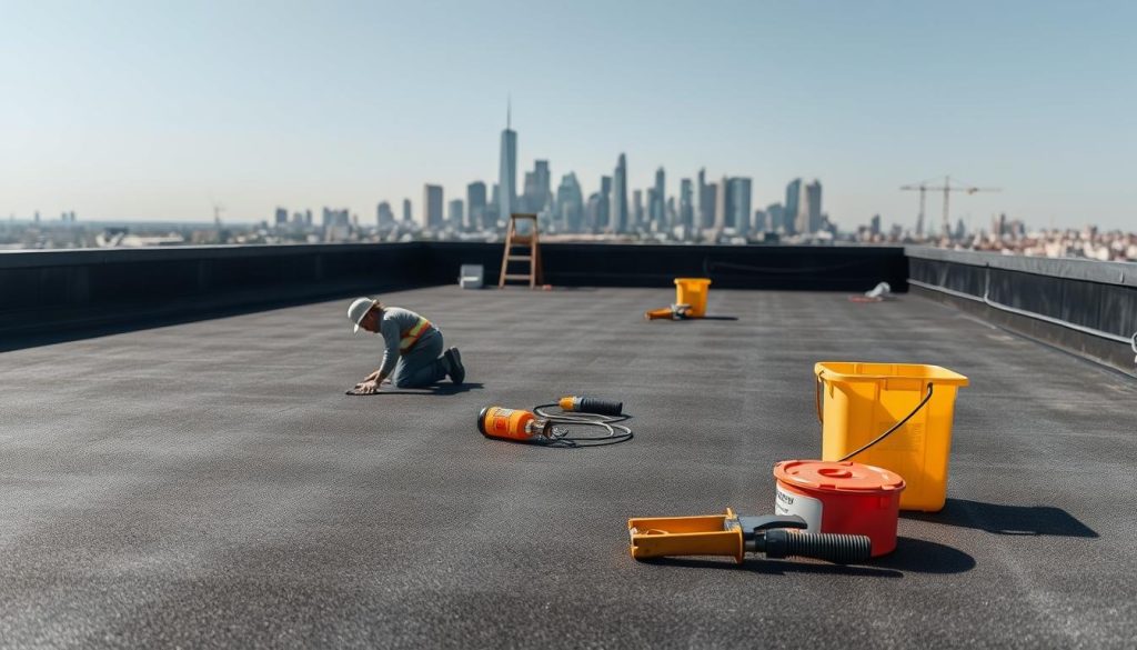A well-lit, high-resolution image of a flat EPDM roof undergoing routine maintenance. In the foreground, a worker in protective gear kneels down, carefully inspecting and cleaning the surface of the EPDM membrane. In the middle ground, various roofing tools and equipment are neatly organized, ready for use. The background showcases the expansive, flat rooftop, with the city skyline visible in the distance, creating a sense of scale and context. The scene is illuminated by natural daylight, casting soft shadows and highlighting the texture of the EPDM material. The overall mood is one of professionalism, attention to detail, and the importance of proper EPDM roof maintenance. A well-lit, high-resolution image of a flat EPDM roof undergoing routine maintenance. In the foreground, a worker in protective gear kneels down, carefully inspecting and cleaning the surface of the EPDM membrane. In the middle ground, various roofing tools and equipment are neatly organized, ready for use. The background showcases the expansive, flat rooftop, with the city skyline visible in the distance, creating a sense of scale and context. The scene is illuminated by natural daylight, casting soft shadows and highlighting the texture of the EPDM material. The overall mood is one of professionalism, attention to detail, and the importance of proper EPDM roof maintenance.