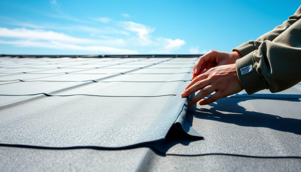A well-maintained EPDM roof in a bright, natural light, showing a worker carefully inspecting and repairing the surface. The foreground features the worker's hands closely examining the rubber membrane, while the middle ground showcases the overall roof structure with clean, neatly arranged seams and edges. The background depicts a clear, blue sky with a few wispy clouds, creating a sense of openness and tranquility. The lighting is soft and directional, casting subtle shadows that accentuate the texture and contours of the roof. The scene conveys a sense of diligence, professionalism, and attention to detail in the maintenance of this durable, weather-resistant roofing system. A well-maintained EPDM roof in a bright, natural light, showing a worker carefully inspecting and repairing the surface. The foreground features the worker's hands closely examining the rubber membrane, while the middle ground showcases the overall roof structure with clean, neatly arranged seams and edges. The background depicts a clear, blue sky with a few wispy clouds, creating a sense of openness and tranquility. The lighting is soft and directional, casting subtle shadows that accentuate the texture and contours of the roof. The scene conveys a sense of diligence, professionalism, and attention to detail in the maintenance of this durable, weather-resistant roofing system.