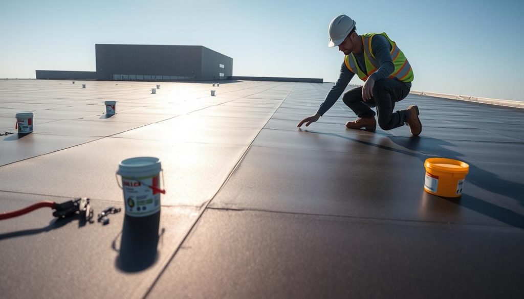 A well-maintained EPDM roof on a modern commercial building, the surface smooth and reflective under soft, diffused lighting. In the foreground, a worker in safety gear carefully inspects the roofing material, gently running their hand along the seams to check for any cracks or deterioration. The middle ground features various roofing tools and a bucket of sealant, ready for minor repairs. In the background, a clear blue sky frames the scene, conveying a sense of professionalism and attention to detail in the roofing maintenance process. A well-maintained EPDM roof on a modern commercial building, the surface smooth and reflective under soft, diffused lighting. In the foreground, a worker in safety gear carefully inspects the roofing material, gently running their hand along the seams to check for any cracks or deterioration. The middle ground features various roofing tools and a bucket of sealant, ready for minor repairs. In the background, a clear blue sky frames the scene, conveying a sense of professionalism and attention to detail in the roofing maintenance process.