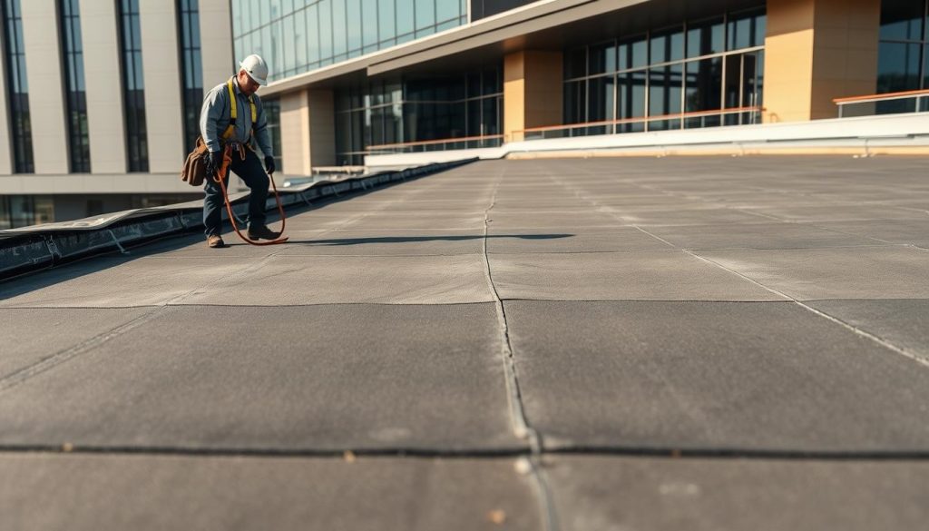 A well-maintained EPDM roof on a modern commercial building, viewed from a low angle with a wide-angle lens. The foreground shows a worker inspecting the roof membrane, wearing a safety harness and using tools to check for any signs of damage or wear. The middle ground features the flat, smooth surface of the EPDM roof, with clean, uniform seams and fasteners. The background showcases the building's sleek, angular design, with contrasting textures of glass, metal, and concrete. The lighting is natural, with soft shadows and highlights that accentuate the details of the roof and building. The overall scene conveys a sense of diligence, care, and attention to the importance of proper EPDM roof maintenance. A well-maintained EPDM roof on a modern commercial building, viewed from a low angle with a wide-angle lens. The foreground shows a worker inspecting the roof membrane, wearing a safety harness and using tools to check for any signs of damage or wear. The middle ground features the flat, smooth surface of the EPDM roof, with clean, uniform seams and fasteners. The background showcases the building's sleek, angular design, with contrasting textures of glass, metal, and concrete. The lighting is natural, with soft shadows and highlights that accentuate the details of the roof and building. The overall scene conveys a sense of diligence, care, and attention to the importance of proper EPDM roof maintenance.