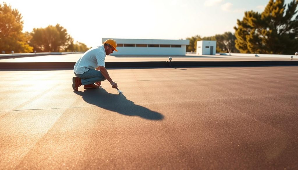 A well-maintained EPDM roof system in a serene, sunny environment. In the foreground, a worker inspects the roof's surface, carefully examining the condition of the durable membrane. In the middle ground, the roof's seamless installation is visible, with strategic placement of seams and fasteners. The background depicts the building's exterior, showcasing the clean, modern aesthetic of the EPDM system. Soft, diffused lighting casts a warm glow, highlighting the smooth, uniform texture of the roof. The overall scene conveys a sense of professionalism, attention to detail, and the importance of proper roof maintenance for long-term performance and protection.