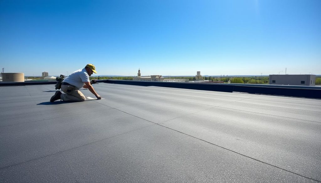 A well-maintained EPDM roof, with a technician meticulously inspecting and repairing the seamless rubber membrane. The foreground shows the worker kneeling on the roof, closely examining the surface for any cracks, blisters, or signs of deterioration. The middle ground features the expansive EPDM expanse, its gray hue contrasting with the clear blue sky above. In the background, the surrounding buildings and landscape create a serene, urban setting. The lighting is natural, with the sun casting a warm glow across the scene. The angle is slightly elevated, allowing the viewer to observe the roofing maintenance process from an overhead perspective, highlighting the importance of regular EPDM upkeep. A well-maintained EPDM roof, with a technician meticulously inspecting and repairing the seamless rubber membrane. The foreground shows the worker kneeling on the roof, closely examining the surface for any cracks, blisters, or signs of deterioration. The middle ground features the expansive EPDM expanse, its gray hue contrasting with the clear blue sky above. In the background, the surrounding buildings and landscape create a serene, urban setting. The lighting is natural, with the sun casting a warm glow across the scene. The angle is slightly elevated, allowing the viewer to observe the roofing maintenance process from an overhead perspective, highlighting the importance of regular EPDM upkeep.