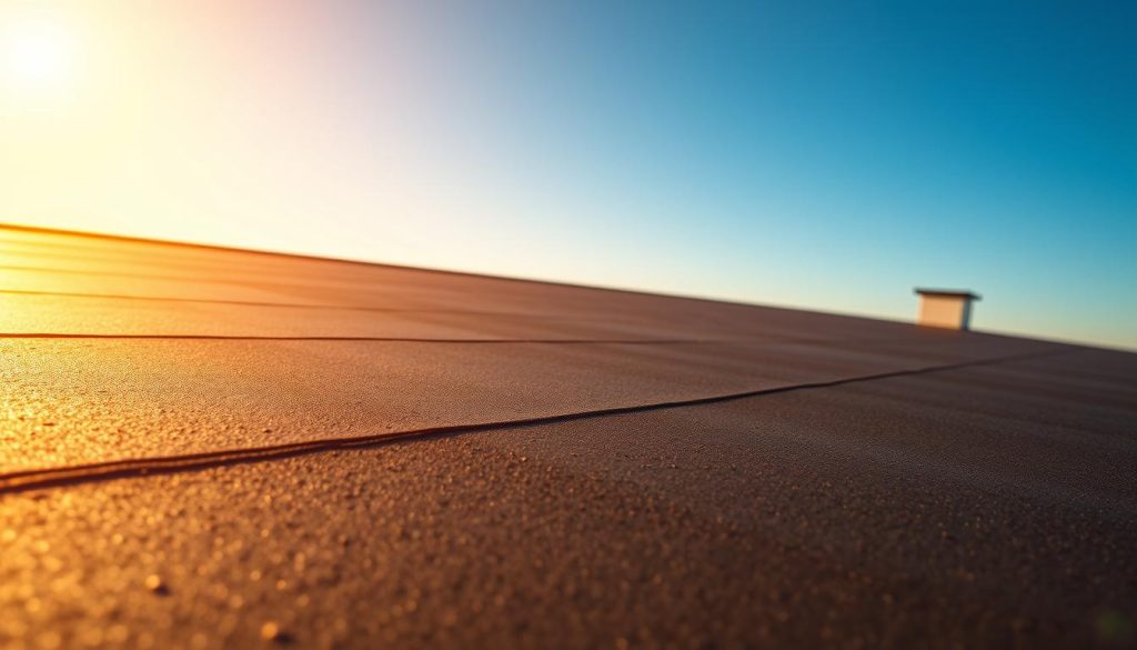 A well-weathered EPDM roofing membrane, its surface textured with a subtle sheen, stretches across a rooftop in golden afternoon light. In the foreground, the durable material is highlighted, showcasing its resilience against the elements. The middle ground reveals the roofing system's thoughtful installation, with proper sealing and detailing. In the background, a clear blue sky complements the scene, suggesting the long-lasting protection the EPDM roof provides. A sense of quality, reliability, and environmental sustainability radiates through the carefully crafted composition. A well-weathered EPDM roofing membrane, its surface textured with a subtle sheen, stretches across a rooftop in golden afternoon light. In the foreground, the durable material is highlighted, showcasing its resilience against the elements. The middle ground reveals the roofing system's thoughtful installation, with proper sealing and detailing. In the background, a clear blue sky complements the scene, suggesting the long-lasting protection the EPDM roof provides. A sense of quality, reliability, and environmental sustainability radiates through the carefully crafted composition.