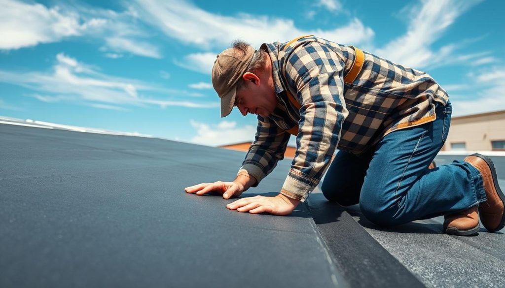 An image of a professional technician inspecting and maintaining an EPDM roofing system on a commercial building. The technician is kneeling on the roof, closely examining the membrane and seams with a critical eye. The background features a clear blue sky with a few wispy clouds, casting natural lighting across the scene. The camera angle captures the technician's work from a slightly elevated perspective, emphasizing the details of the roof's surface and the technician's hands at work. The overall mood conveys a sense of diligence, expertise, and the importance of proper EPDM roof maintenance. An image of a professional technician inspecting and maintaining an EPDM roofing system on a commercial building. The technician is kneeling on the roof, closely examining the membrane and seams with a critical eye. The background features a clear blue sky with a few wispy clouds, casting natural lighting across the scene. The camera angle captures the technician's work from a slightly elevated perspective, emphasizing the details of the roof's surface and the technician's hands at work. The overall mood conveys a sense of diligence, expertise, and the importance of proper EPDM roof maintenance.