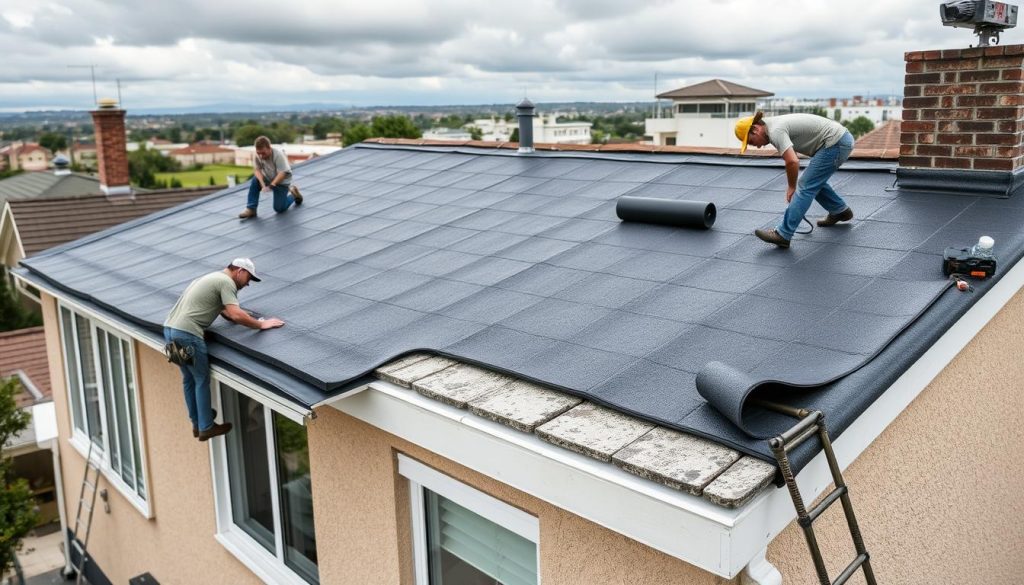 Capture the installation of a durable EPDM roofing membrane on a residential building. Depict skilled workers carefully unrolling and securing the thick, black synthetic rubber sheet across the rooftop, its contours hugging the roofline. Showcase the specialized tools and equipment used, such as adhesives, rollers, and heat welders, creating a visually engaging scene of precise craftsmanship. Frame the image to showcase the rooftop's architectural features, with a cloudy sky or cityscape visible in the background, conveying a sense of professionalism and expertise in the roofing trade. Use natural lighting and a slightly low angle to highlight the workers' focused expressions and the intricate textures of the EPDM material.