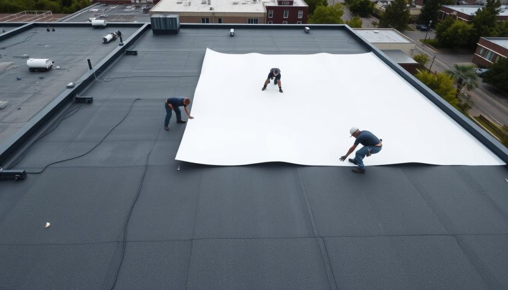 Detailed installation of EPDM roof membrane. Wide, well-lit overhead view of a flat roof, with workers carefully unrolling and securing the flexible EPDM material. Muted grey and black tones, with the contrasting bright white EPDM sheet standing out. Sharp focus on the technicians' precise application, their tools and equipment visible. In the background, the surrounding rooftop structure and adjacent buildings provide context. A sense of precision, expertise and professionalism in the installation process. Detailed installation of EPDM roof membrane. Wide, well-lit overhead view of a flat roof, with workers carefully unrolling and securing the flexible EPDM material. Muted grey and black tones, with the contrasting bright white EPDM sheet standing out. Sharp focus on the technicians' precise application, their tools and equipment visible. In the background, the surrounding rooftop structure and adjacent buildings provide context. A sense of precision, expertise and professionalism in the installation process.